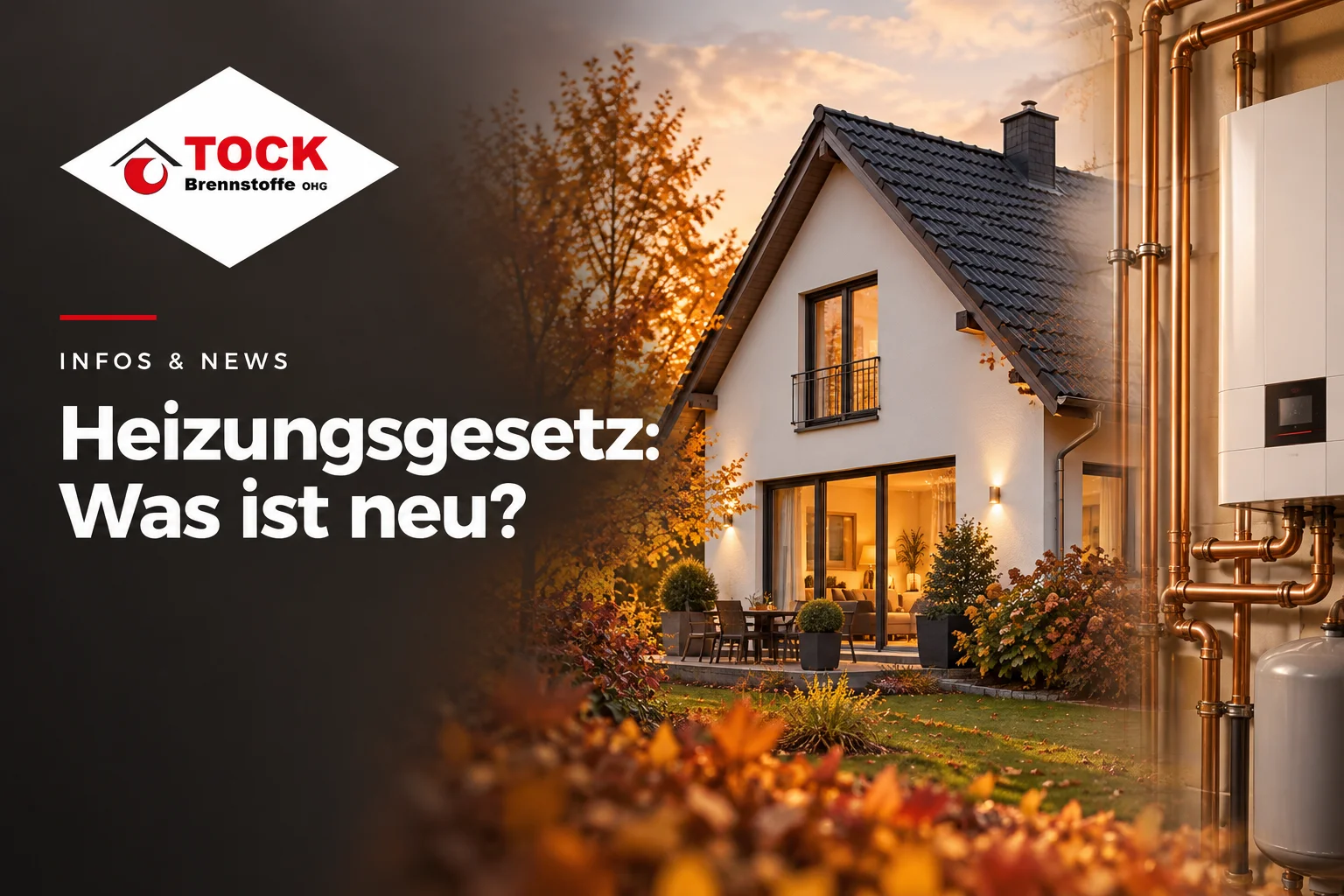 Heizungsgesetz: Was ist neu? – Tock Brennstoffe mit Wohnhaus und Heiztechnik. KI-generiertes Symbolbild.