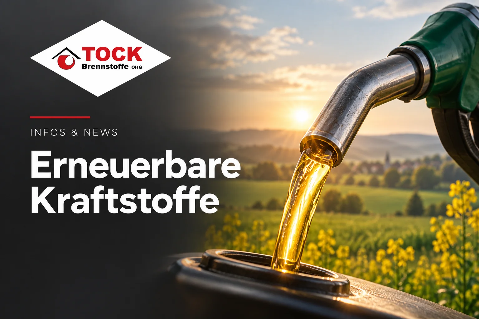 Erneuerbare Kraftstoffe – Tock Brennstoffe, Kraftstoffzapfhahn vor Landschaft. KI-generiertes Symbolbild.